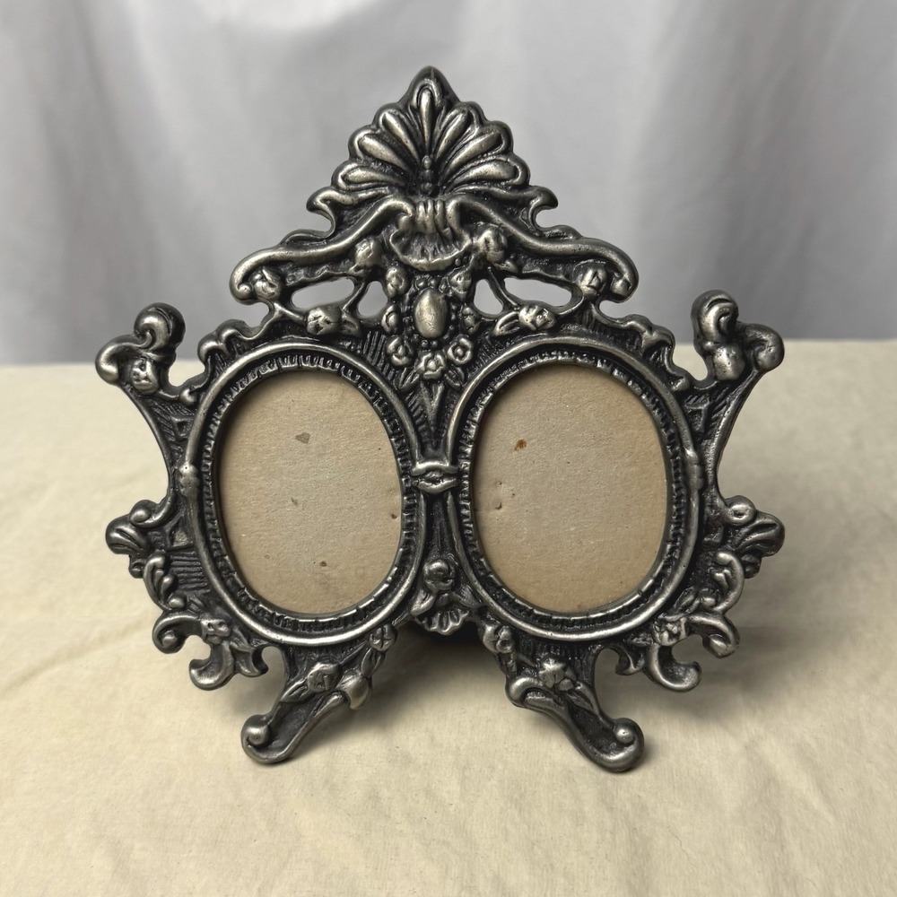 VTG Sm Ornate Double Oval Picture Frame Silver Tone Metal Goth Rococo Victorian